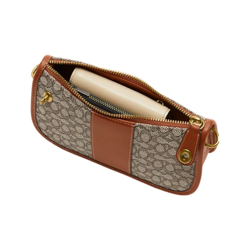 COACH Swinger Jacquard With Leather Saddle Bag Handbag, Shoulder Bag Women's Brown & Gray-3