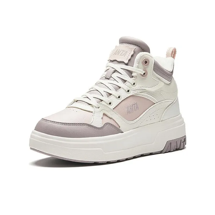 Anta Anti Slip Wear Resistant High Top Skateboard Shoes Women's Beige Purple-1