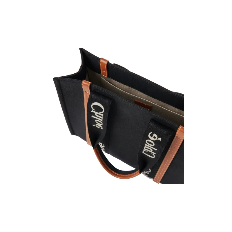 Chloe Woody Linen Canvas With Calfskin Canvas Bag, Tote Bag, Shopping Bag, Handbag Medium Size Women's Black/Beige-3