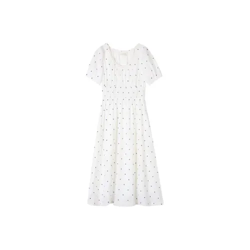 Lalaglow Short-Sleeved Dresses Women's White Background With Blue Dots