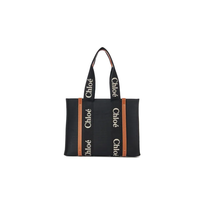 Chloe Woody Linen Canvas With Calfskin Canvas Bag, Tote Bag, Shopping Bag, Handbag Medium Size Women's Black/Beige-2