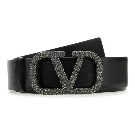 Valentino Logo Buckle Smooth Buckle Leather Belts Women's Black-0