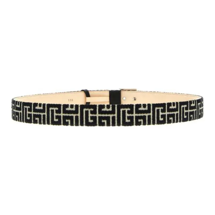 BALMAIN Logo Patterned Print Smooth Buckle Leather Belts Women's Black Width 4CM-1