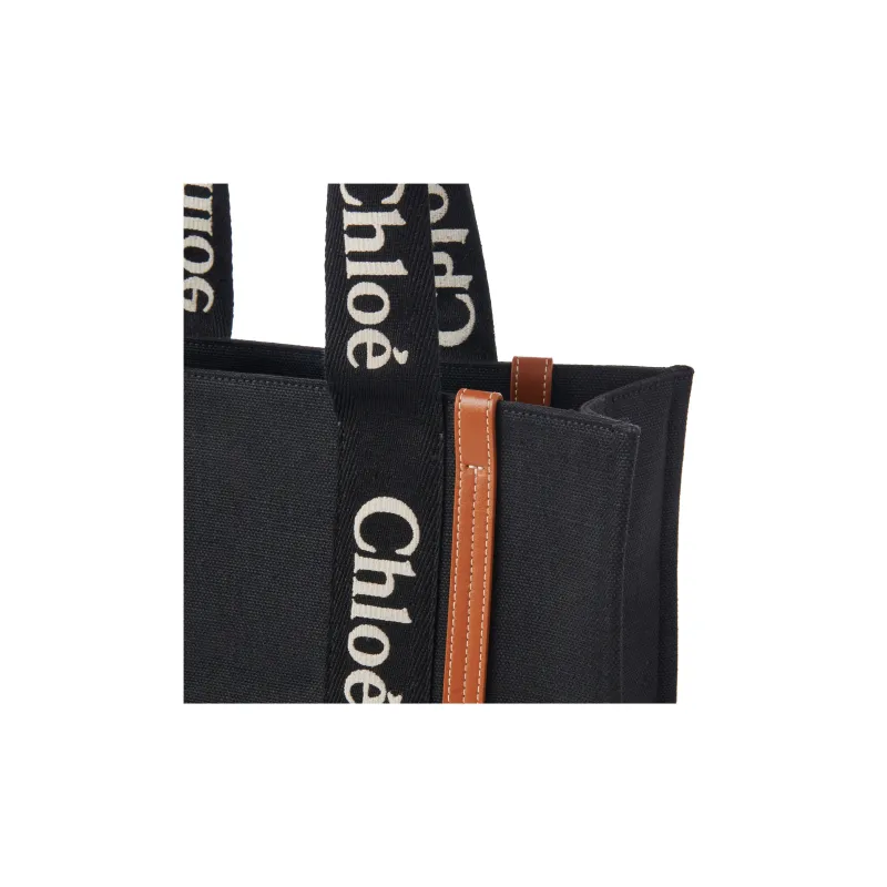 Chloe Woody Linen Canvas With Calfskin Canvas Bag, Tote Bag, Shopping Bag, Handbag Medium Size Women's Black/Beige-4