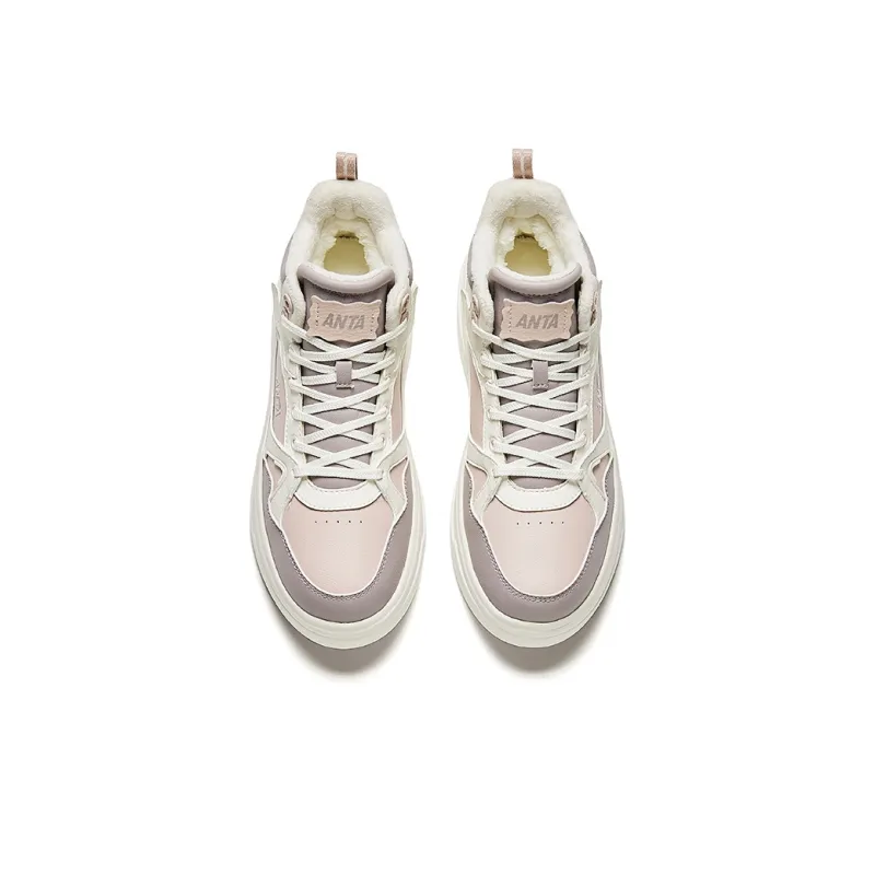 Anta Anti Slip Wear Resistant High Top Skateboard Shoes Women's Beige Purple-2