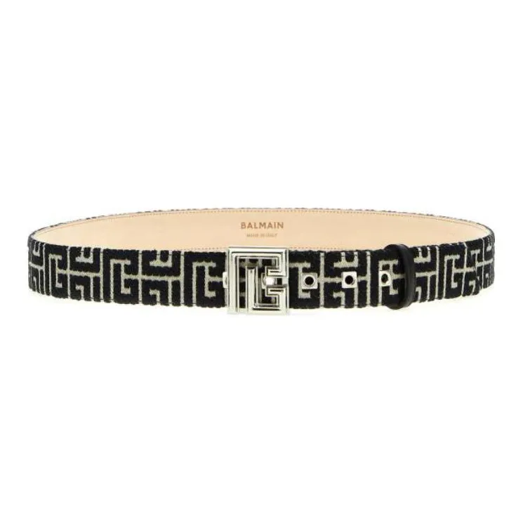 BALMAIN Logo Patterned Print Smooth Buckle Leather Belts Women's Black Width 4CM-0