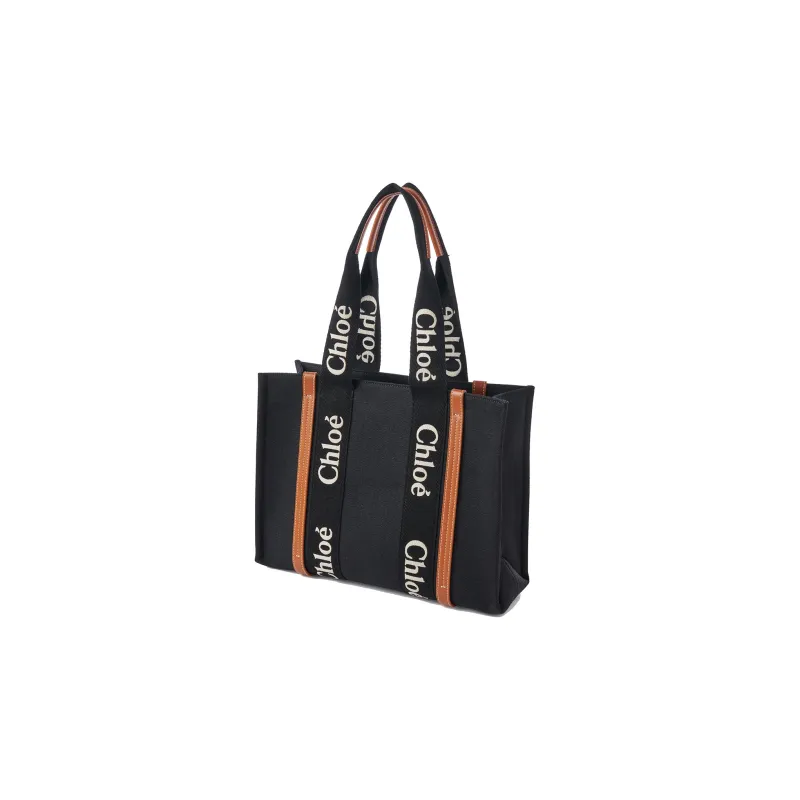 Chloe Woody Linen Canvas With Calfskin Canvas Bag, Tote Bag, Shopping Bag, Handbag Medium Size Women's Black/Beige-1