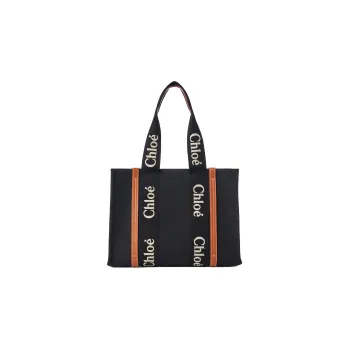 Chloe Woody Linen Canvas With Calfskin Canvas Bag, Tote Bag, Shopping Bag, Handbag Medium Size Women's Black/Beige