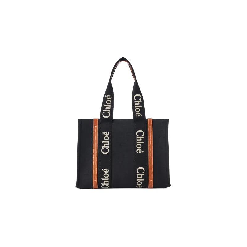 Chloe Woody Linen Canvas With Calfskin Canvas Bag, Tote Bag, Shopping Bag, Handbag Medium Size Women's Black/Beige-0