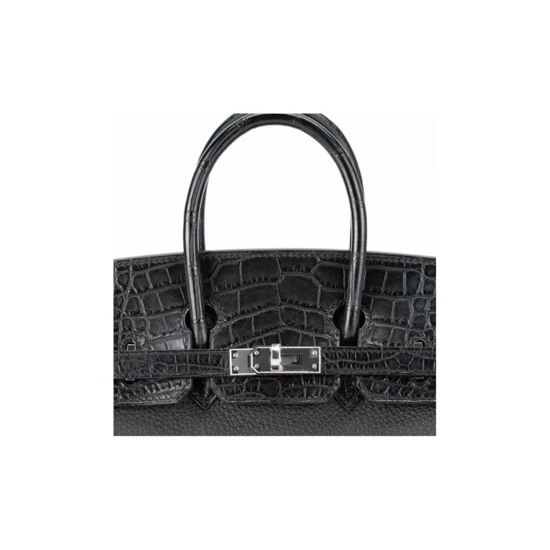 HERMES Birkin Togo Calfskin With Matte Finish Alligator Leather Birkin Bag Handbag Women's Black-5