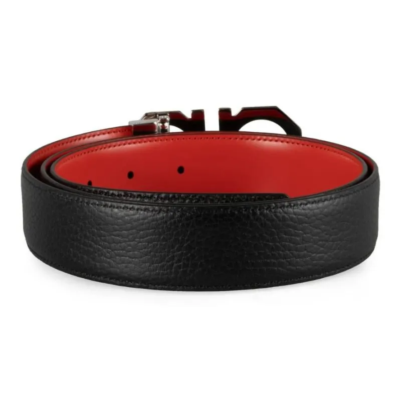 FERRAGAMO Metal Button Front, Smooth Buckle Leather Belts Men's Black-1