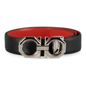 FERRAGAMO Metal Button Front, Smooth Buckle Leather Belts Men's Black