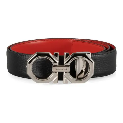 FERRAGAMO Metal Button Front, Smooth Buckle Leather Belts Men's Black