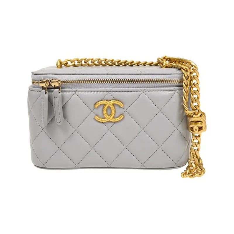 CHANEL Sheepskin Box Bag, Makeup Bag, Shoulder Bag, Crossbody Bag Women's Gray-0
