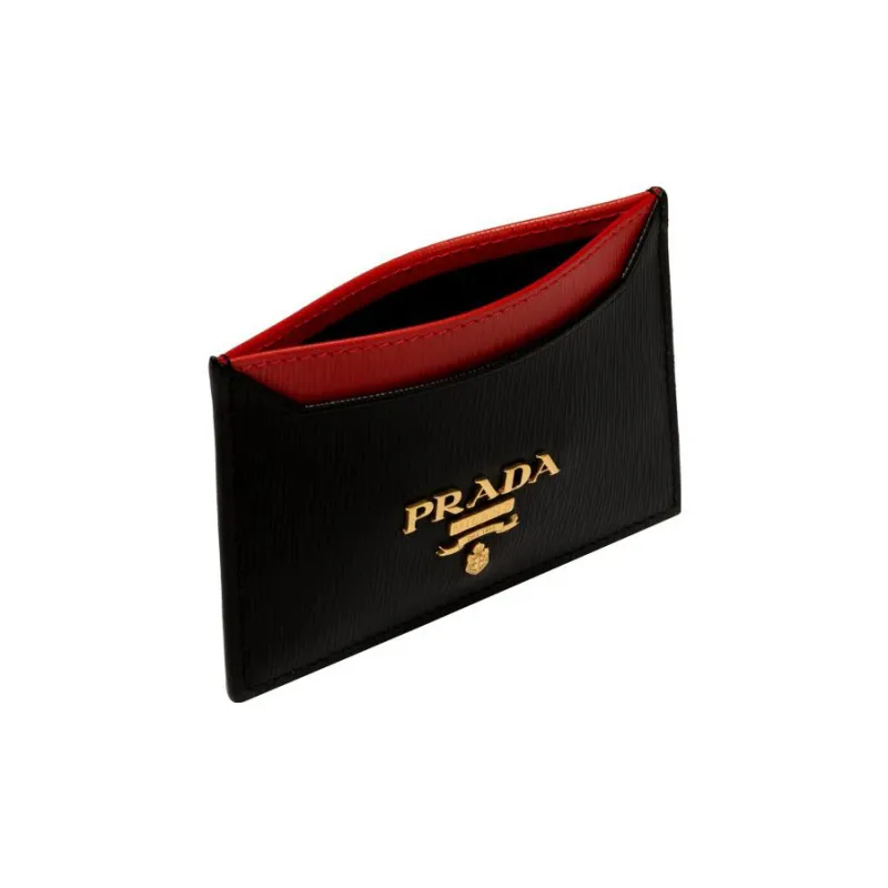 PRADA Cow Leather Card Holder Regular Women's Black/Red-4