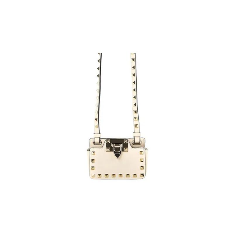 Valentino Rockstud Smooth Finish Calfskin Messenger Bag Shoulder Bag Crossbody Bag Mini Unisex Light Beige-0