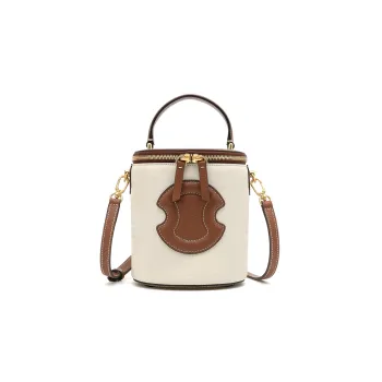 ROSA.K Cow Leather Bucket Bag Prosperity Cylinder Bag, Shoulder Bag, Crossbody Bag, Handbag Small Size Women's Ecru