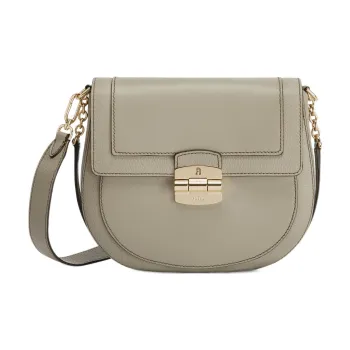 Furla Club 2 Calfskin Saddle Bag, Shoulder Bag, Crossbody Bag Small Size Women's Marble Gray