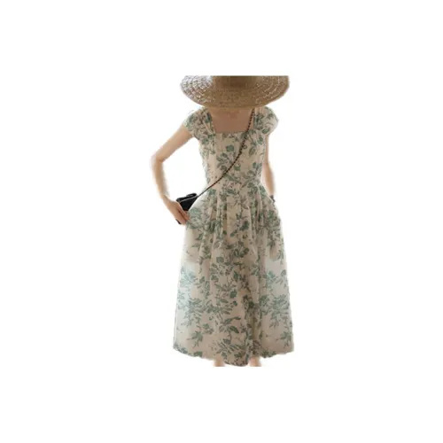 Lalaglow Short-Sleeved Dresses Women's Beige Base With Green Floral Pattern