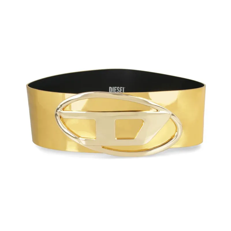 DIESEL Letter Logo Smooth Buckle Leather Belts Women's Gold Width 8cm-0