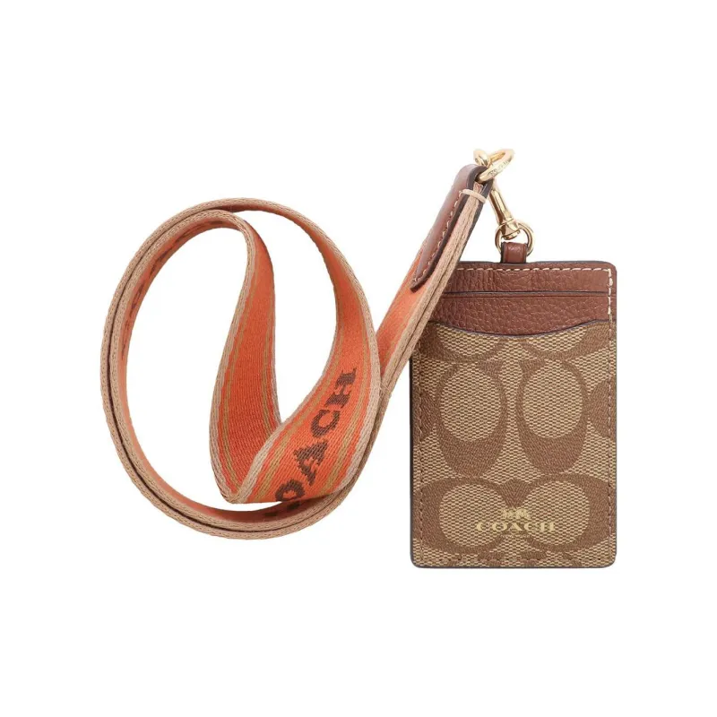 COACH Lanyard Pebbled Leather With Coated Canvas Lanyard Card Sleeve Card Holder Small Size Women's Brown-1