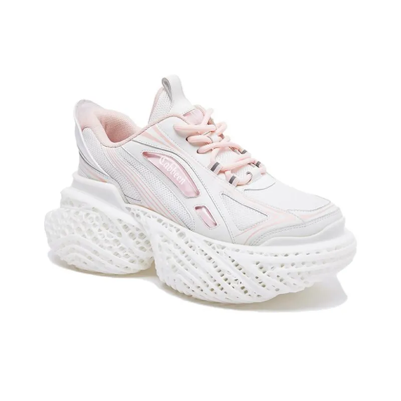 Cabbeen 4D Printing Cyber Cushioning Anti-Slip And Wear-Resistant Low-Top Chunky Sneakers Women's White Pink-1