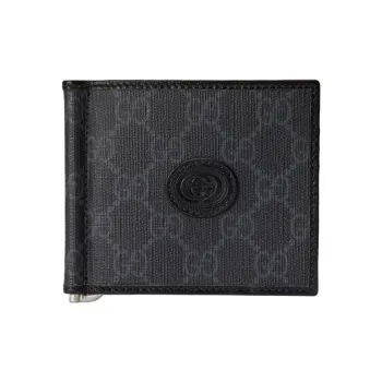 GUCCI Canvas With Leather Trim Canvas Bag Card Holder Wallet Men's Black