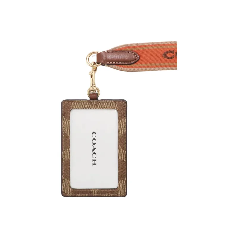 COACH Lanyard Pebbled Leather With Coated Canvas Lanyard Card Sleeve Card Holder Small Size Women's Brown-4