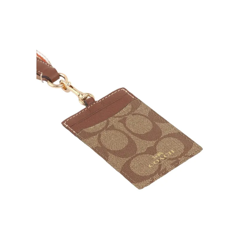 COACH Lanyard Pebbled Leather With Coated Canvas Lanyard Card Sleeve Card Holder Small Size Women's Brown-2