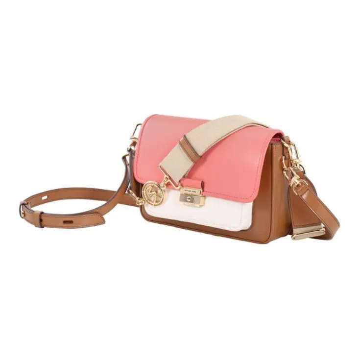 MICHAEL KORS Bradshaw Cow Leather Shoulder Bag, Crossbody Bag Medium Size Women's Acorn Brown & Pink-2