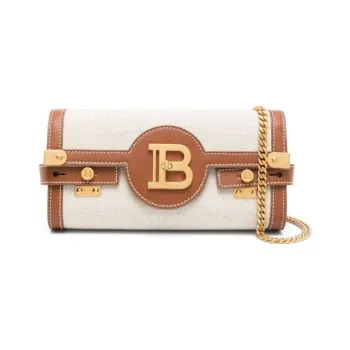 BALMAIN Cotton Linen Blend With Calfskin Crossbody Bag, Shoulder Bag, Clutch Regular Women's Brown/White