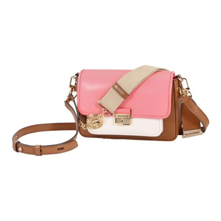 MICHAEL KORS Bradshaw Cow Leather Shoulder Bag, Crossbody Bag Medium Size Women's Acorn Brown & Pink-1