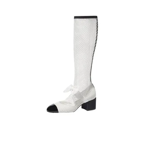 CHANEL Resille 55mm Knee High Mary Janes White Black Patent Calfskin