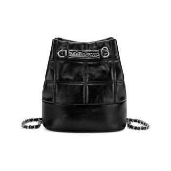 MELLO GOGO Cow Leather Bucket Bag, Backpack, Shoulder Bag Small Size Unisex Pure Black/Silver
