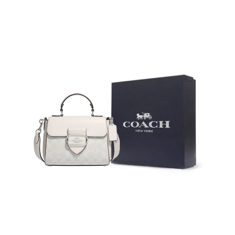COACH Morgan Canvas With Leather Shoulder Bag Crossbody Bag Handbags Small Size Women's Ivory Grey/Glacier White-5