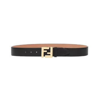 FENDI Double F Letter Smooth Buckle Cow Leather Belts Men's Black Width 4cm