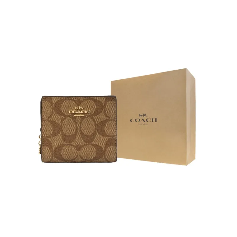 COACH Snap Wallet Monogram Canvas With Leather Cropped Foldable Card Holder, Wallet Women's Tan Monogram-5