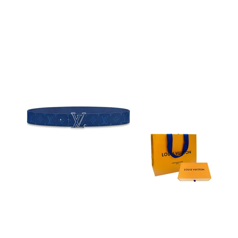 LOUIS VUITTON LV Initiales Double Sided Smooth Buckle Cow Leather Canvas Leather Belts Men's Blue Width 4cm-4