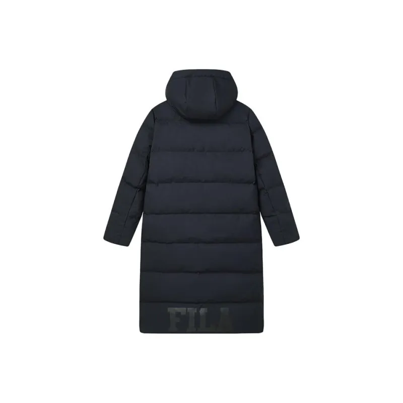FILA Letter Print Hooded Long Down Jacket Black-1