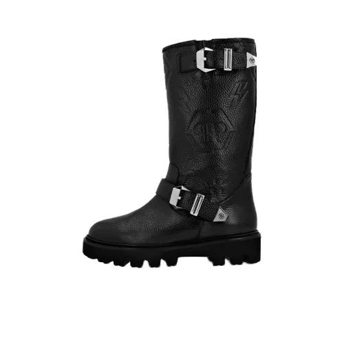 PHILIPP PLEIN Biker Monogram-debossed Leather Boots