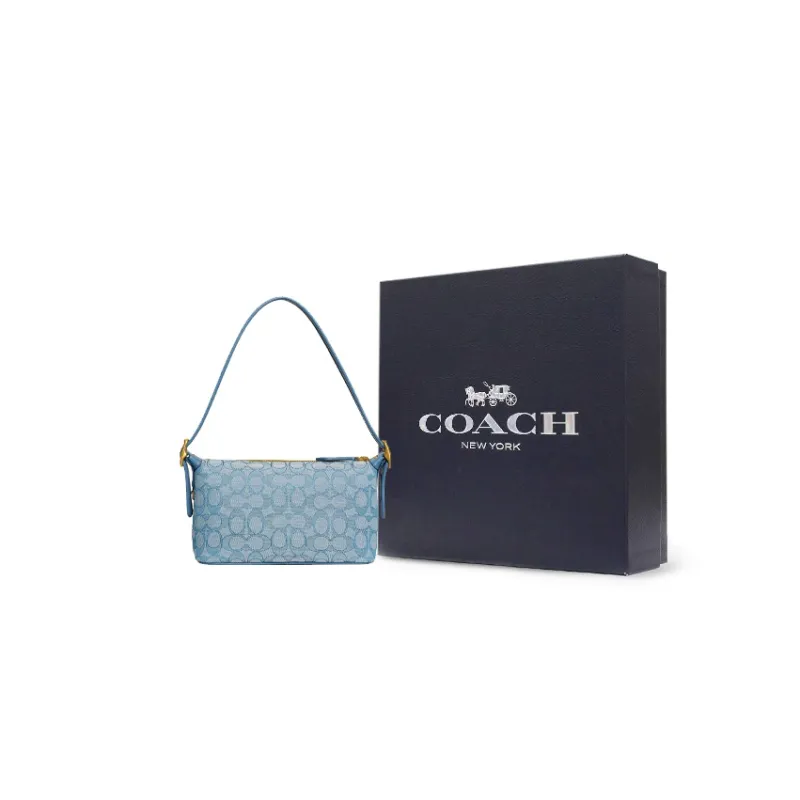COACH Demi Jacquard Fabric With Recycled Leather Shoulder Bag Handbag Medium Size Women's Lake Blue Color-7