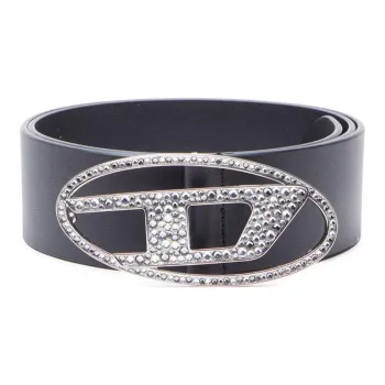 DIESEL Rhinestone Logo Smooth Buckle Leather Belts Women's Black Width 4.9cm