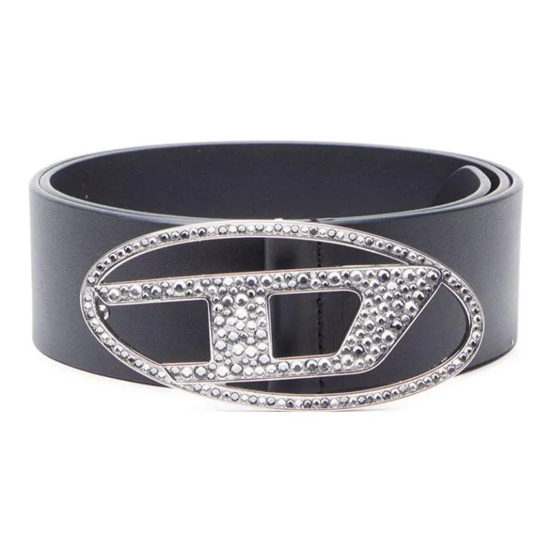 DIESEL Rhinestone Logo Smooth Buckle Leather Belts Women's Black Width 4.9cm-0
