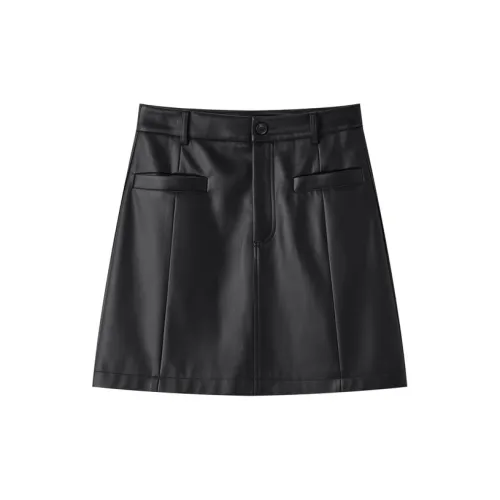 PEACEBIRD Leather Short Skirts Women's Black