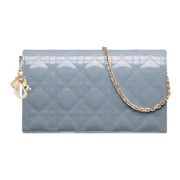 DIOR Lady Dior Patent Leather Cowhide 3 in 1 Coin Purse One Shoulder Crossbody Clutch Women's Powder Blue