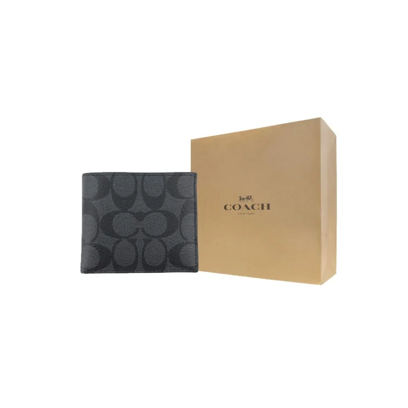 COACH Canvas With PVC Wallet Mini Men's Black Gray Color-8