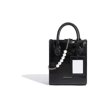 Miss Kung Waxed Leather Tote Bag Shopping Bag Pearl Bag Shoulder Bag Crossbody Bag Handbag Mini Women's Black
