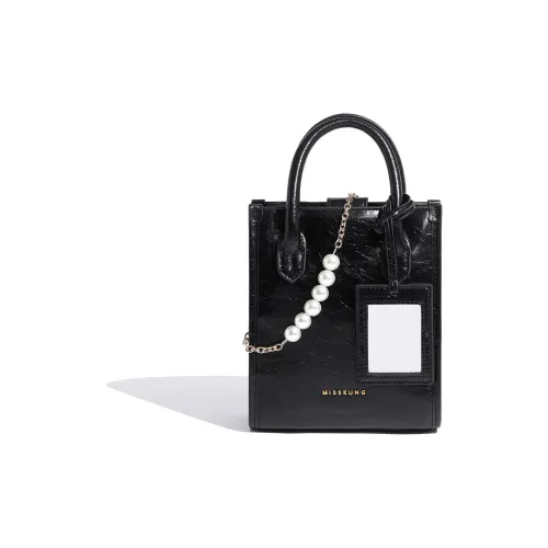 Miss Kung Waxed Leather Tote Bag Shopping Bag Pearl Bag Shoulder Bag Crossbody Bag Handbag Mini Women's Black