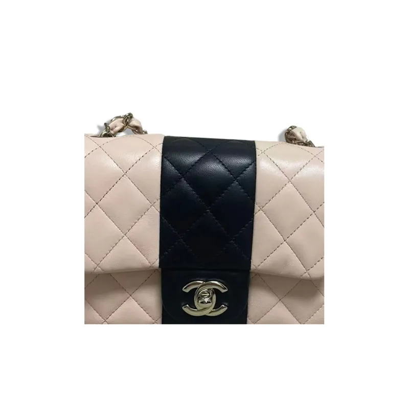 CHANEL Classic Flap CF Calfskin Chain Shoulder Bag, Crossbody Bag Mini Women's Pink With Dark Blue-1