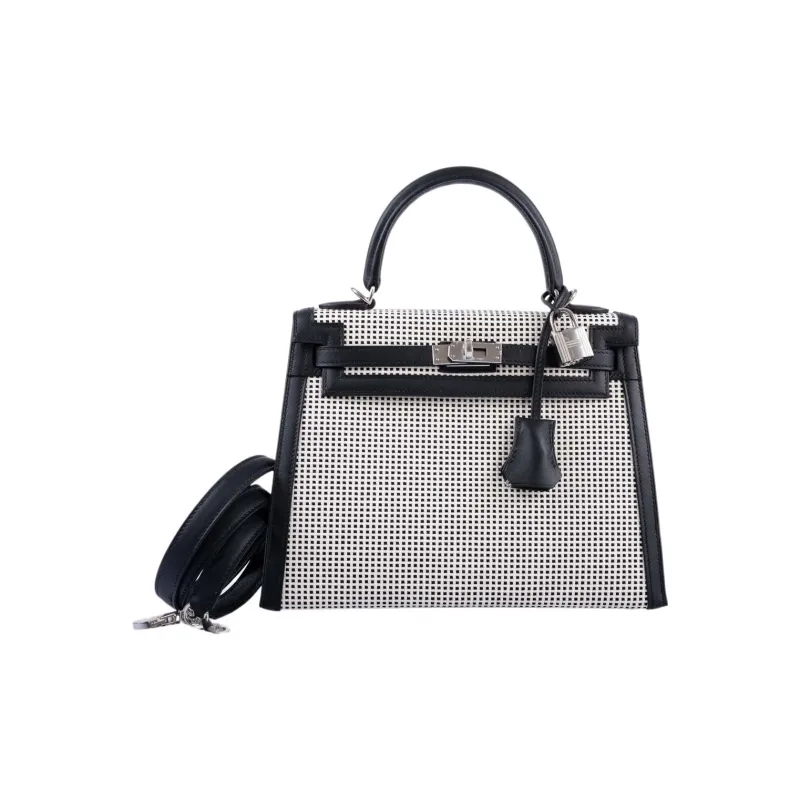 HERMES Kelly Swift Leather With Canvas Kelly Bag Shoulder Bag Crossbody Bag Handbag Regular Women's Black-3